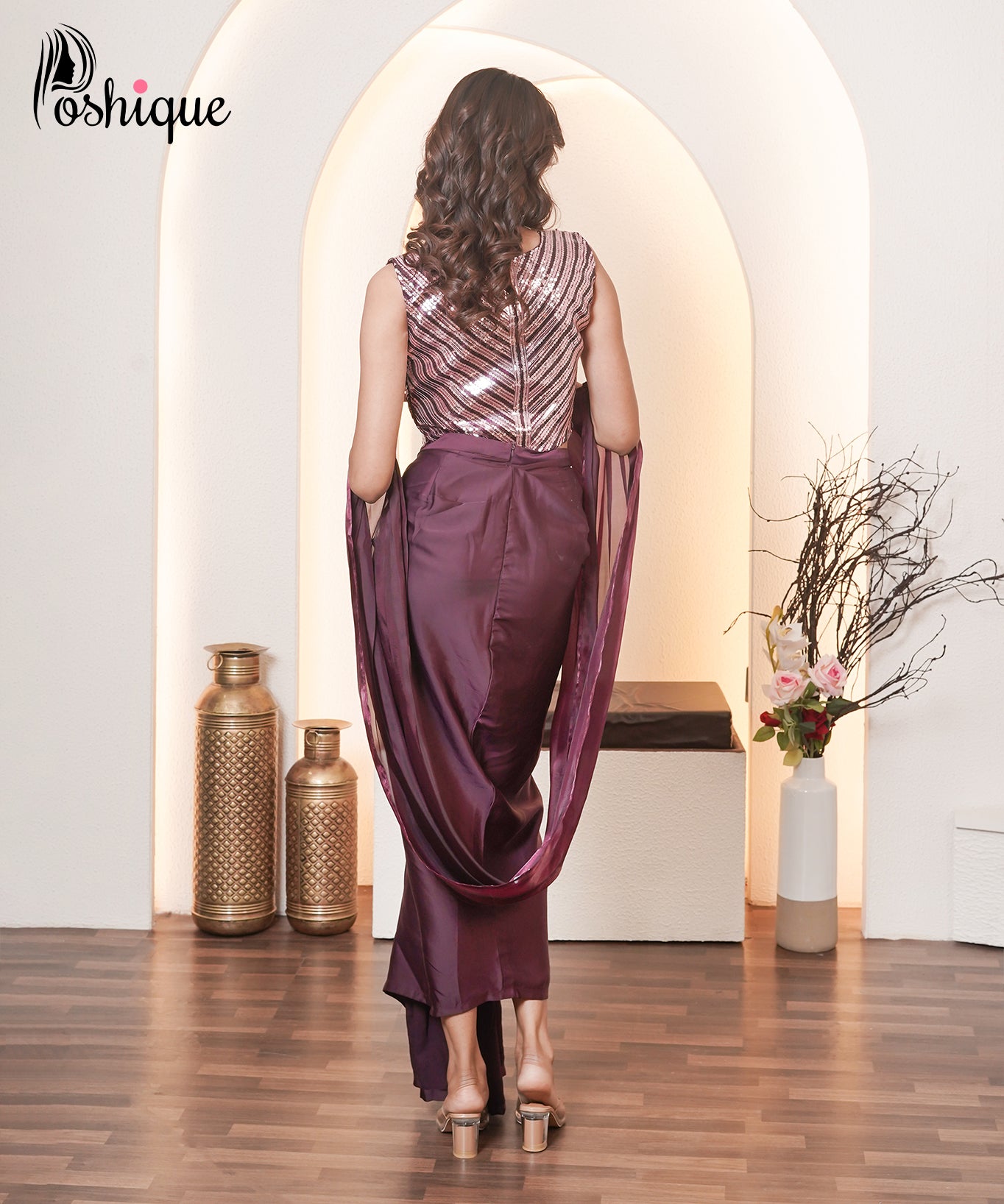 Wine Sequin Blouse & Draped Satin Skirt Set
